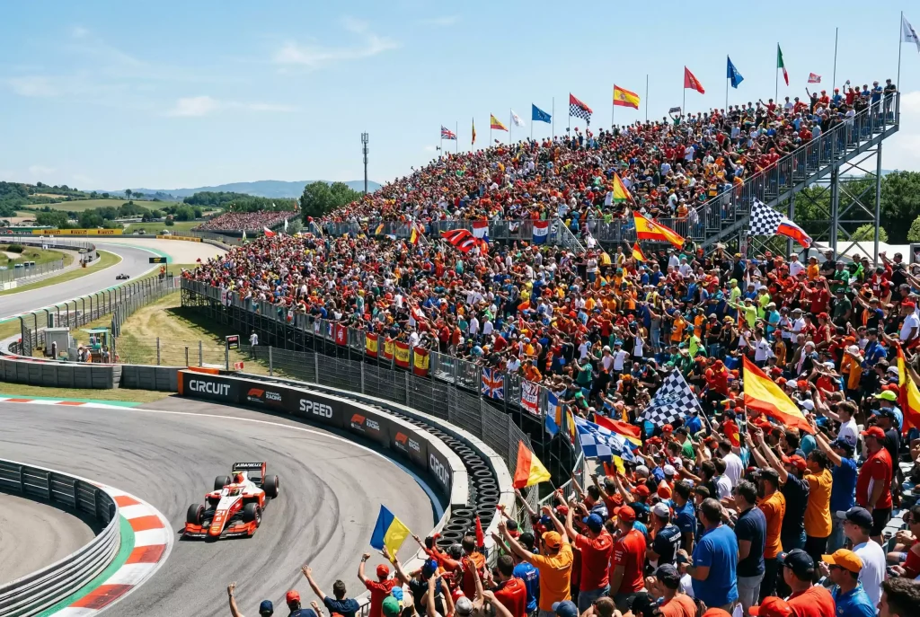 Voll besetzte Zuschauertribuene an einer Formel-1-Strecke mit Fans in bunten Team-Shirts