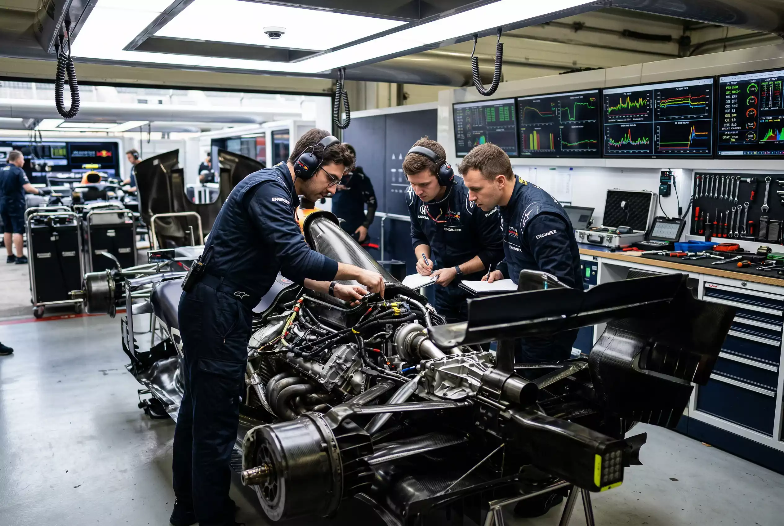 Formel 1 Ingenieure arbeiten in der Boxengasse an einem Boliden mit geöffneter Motorabdeckung