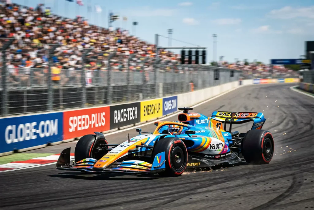 Formel-1-Rennwagen auf der Strecke mit sichtbaren Sponsorenlogos auf der Karosserie und an der Streckenbande