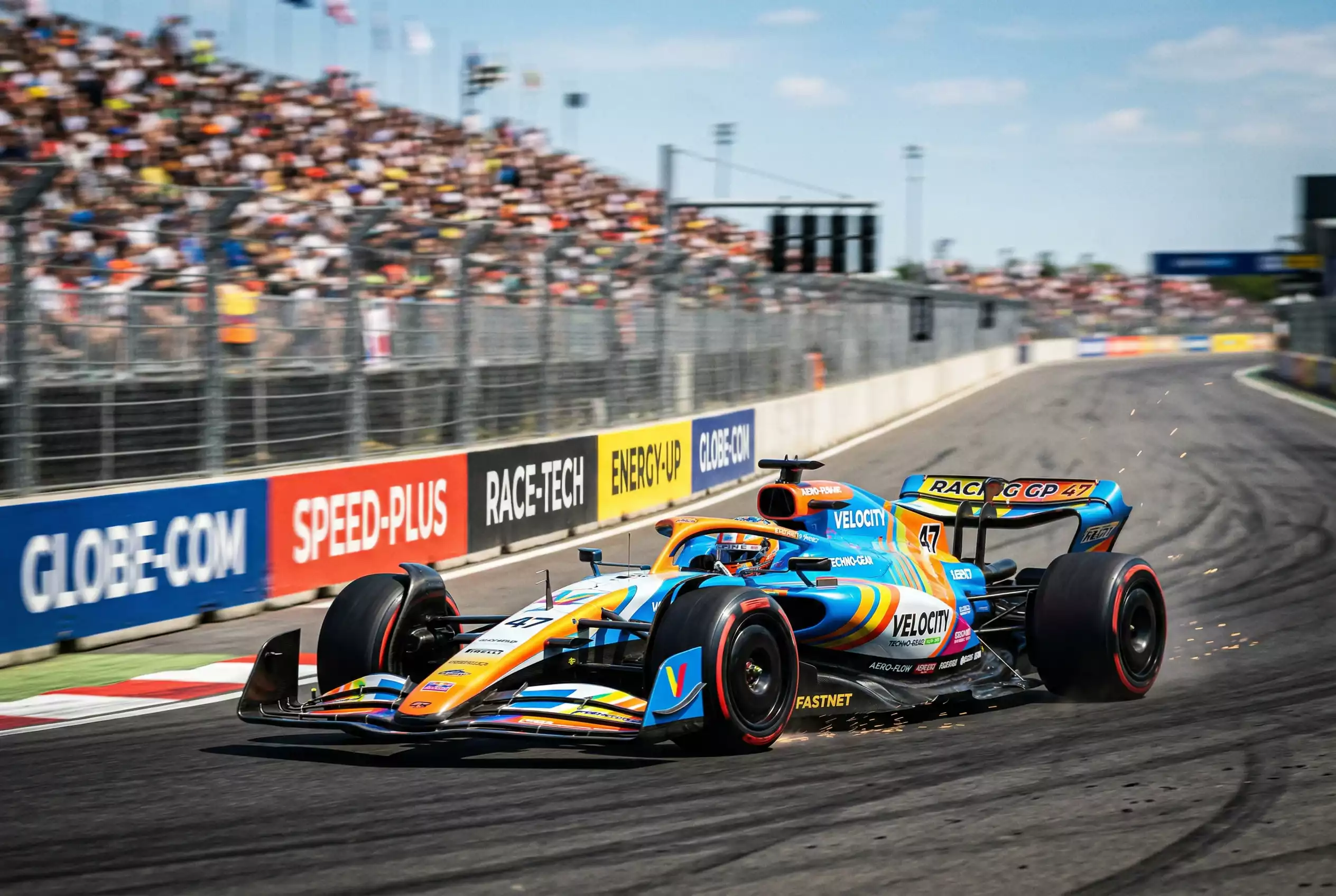 Formel-1-Rennwagen auf der Strecke mit sichtbaren Sponsorenlogos auf der Karosserie und an der Streckenbande