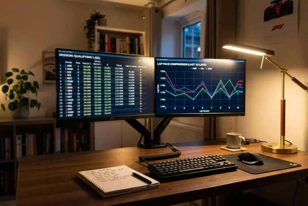 Mehrere Bildschirme mit F1-Timing-Daten, Sektorzeiten und Rundendiagrammen in einem Arbeitsbereich
