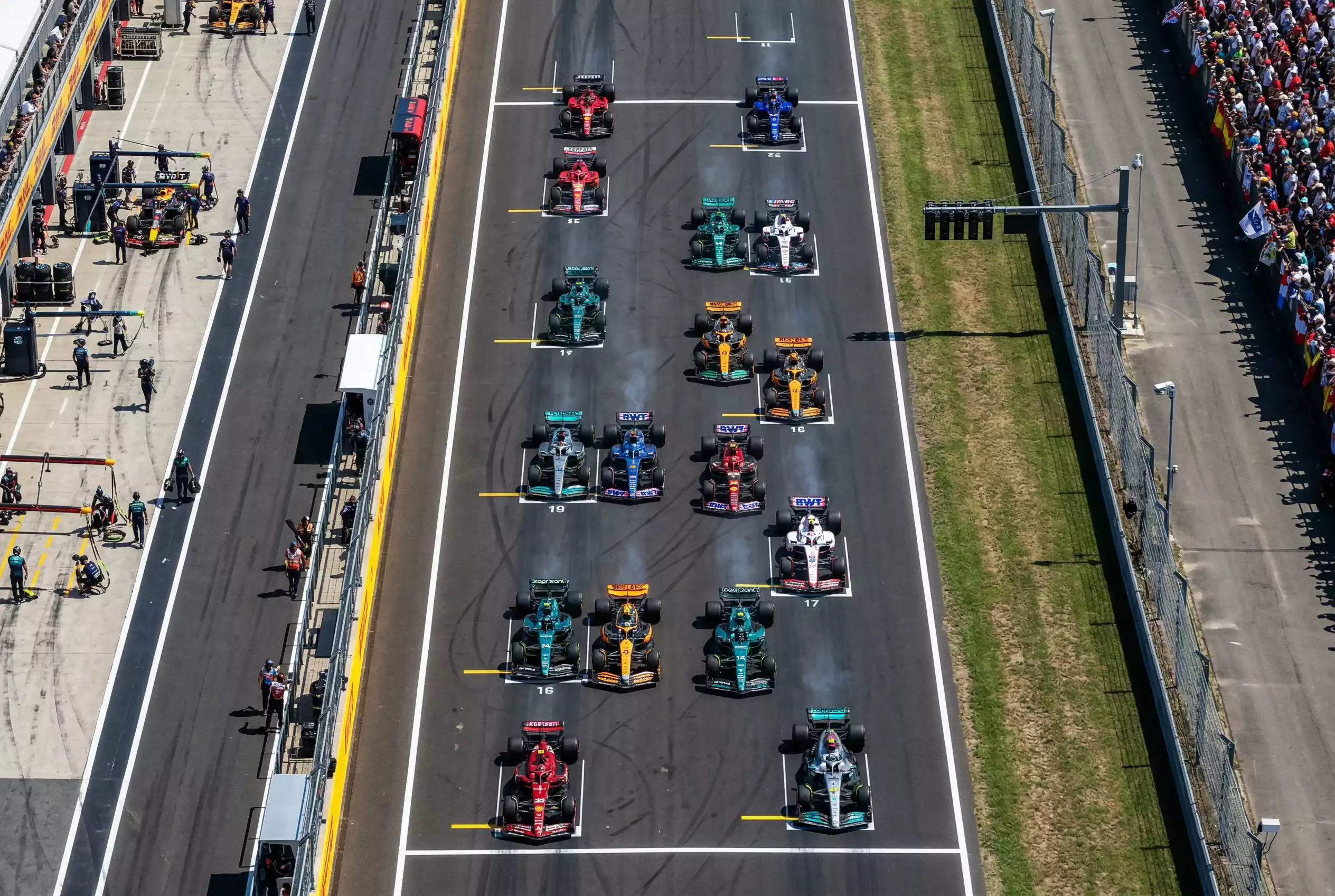 Formel 1 Startaufstellung aus der Vogelperspektive mit 20 Boliden auf der Startgeraden