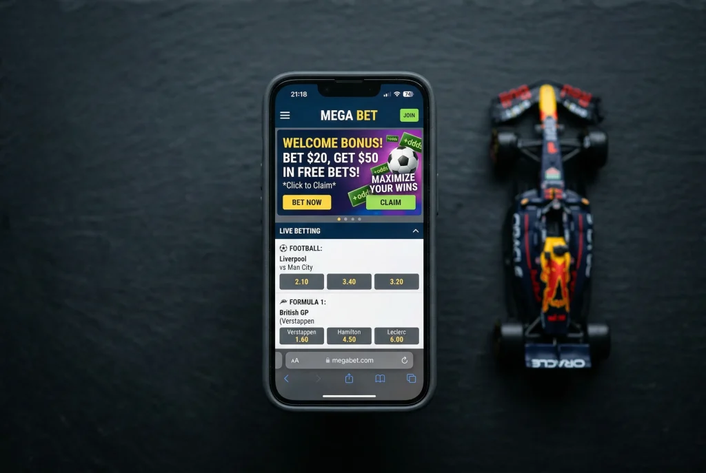 Wettschein mit Bonussymbol vor einem Formel 1 Rennwagen als Symbol fuer F1 Wetten Bonus