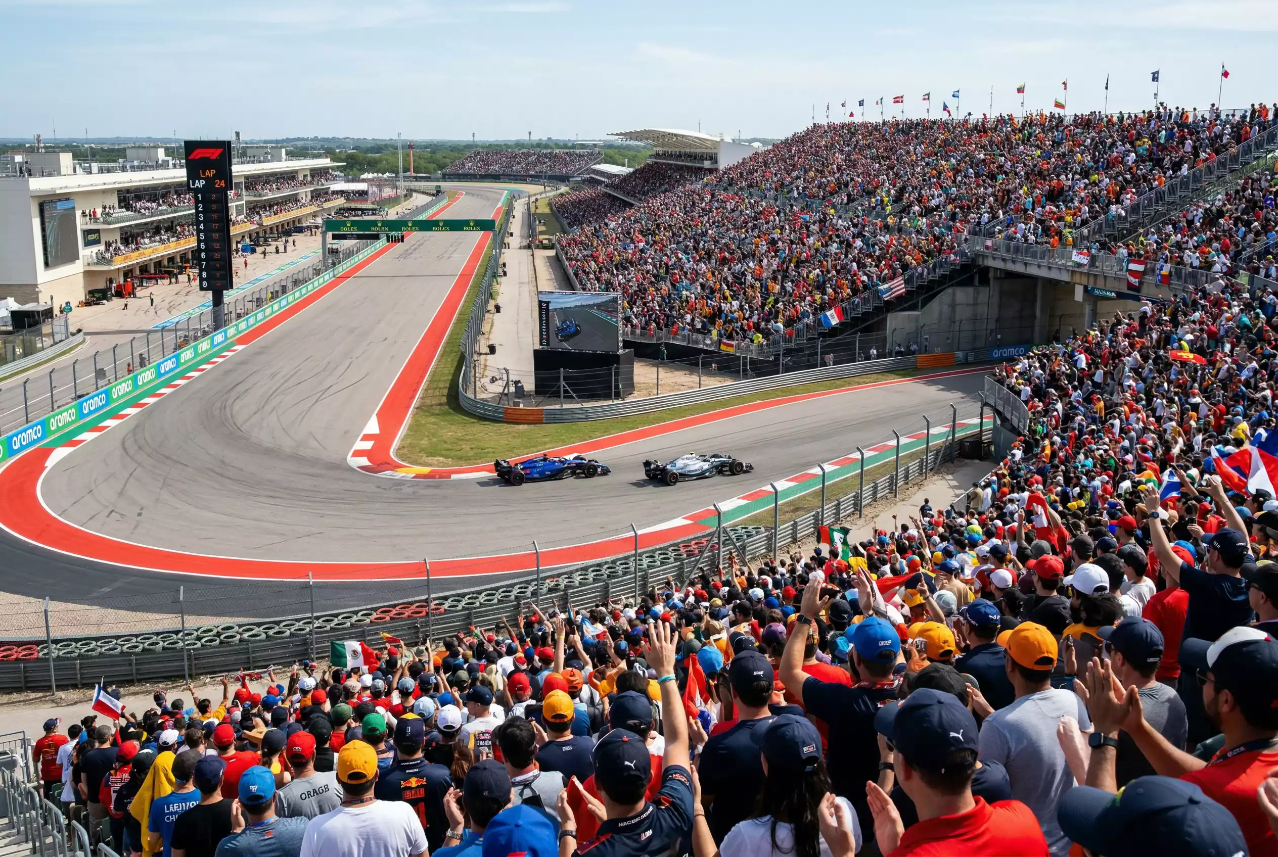 Zuschauertribüne bei einem Formel 1 Grand Prix mit vollen Rängen und Rennstrecke im Hintergrund