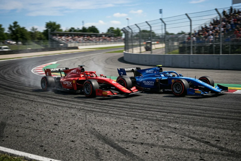 Zwei Formel 1 Rennwagen nebeneinander auf der Strecke als Symbol fuer Head-to-Head-Wetten