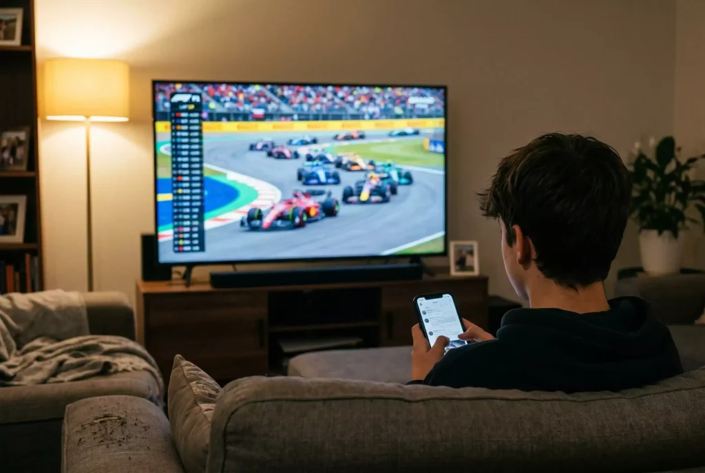 Jugendlicher mit Smartphone vor einem Fernseher, auf dem ein Formel-1-Rennen laeuft