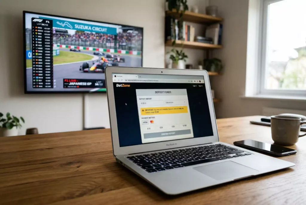 Laptop-Bildschirm mit einer Sportwetten-Plattform und einem Einzahlungsformular, im Hintergrund unscharfe Formel-1-Strecke