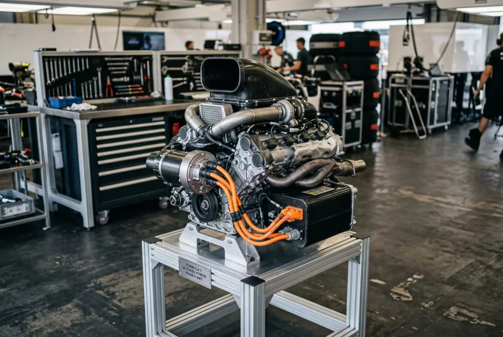 Offene Formel-1-Power-Unit mit sichtbarem Elektromotor und Batterieeinheit in einer Teamgarage