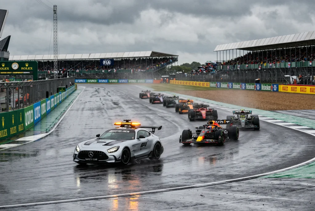 Safety Car vor dem Formel 1 Feld auf der Rennstrecke als Symbol fuer Safety-Car-Wetten