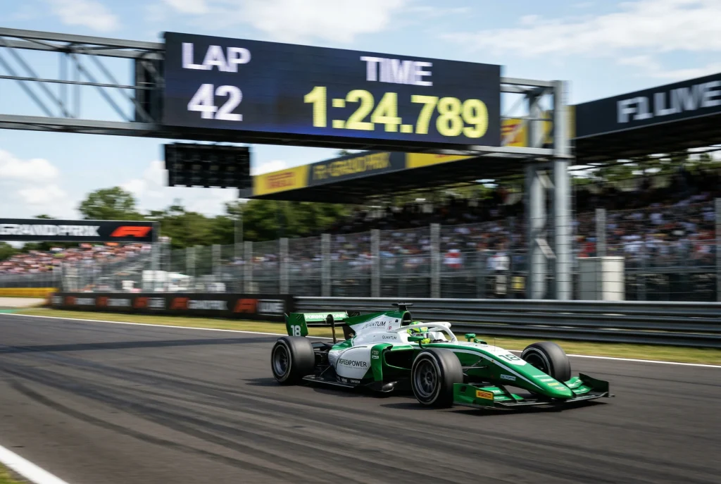 Formel 1 Rennwagen in der Kurve mit Timing-Anzeige als Symbol fuer die schnellste Runde Wette