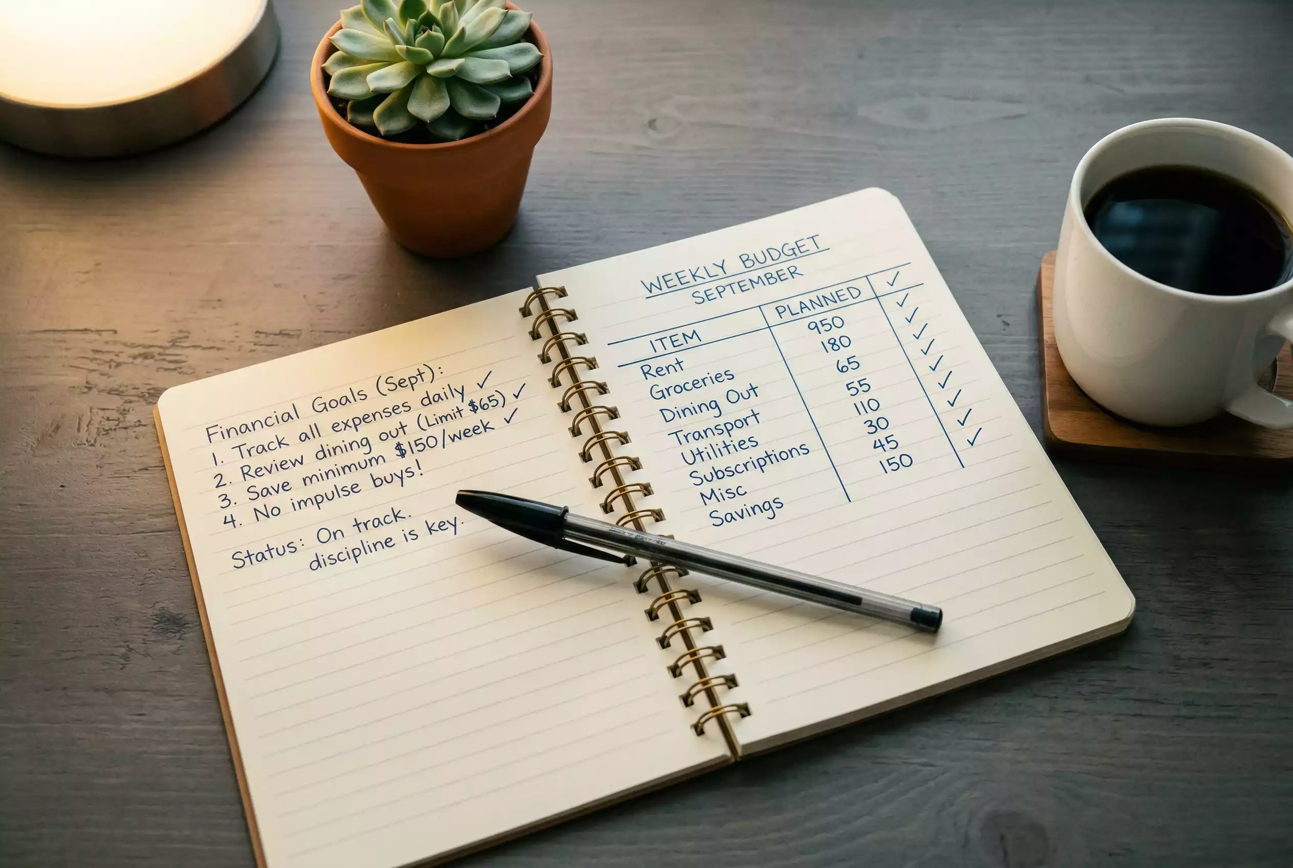 Notizbuch mit handgeschriebener Budgetplanung neben einem Stift und einer Tasse Kaffee